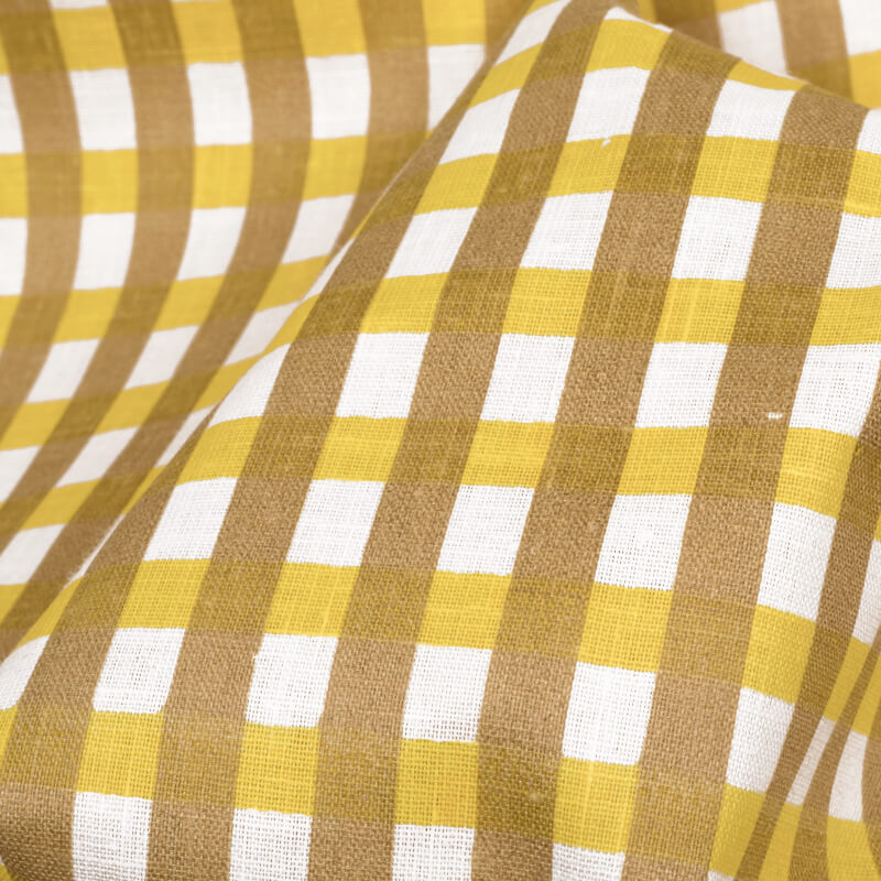 White And Yellow Checks Pattern Screen Print  Cotton Slub Fabric - Fabcurate