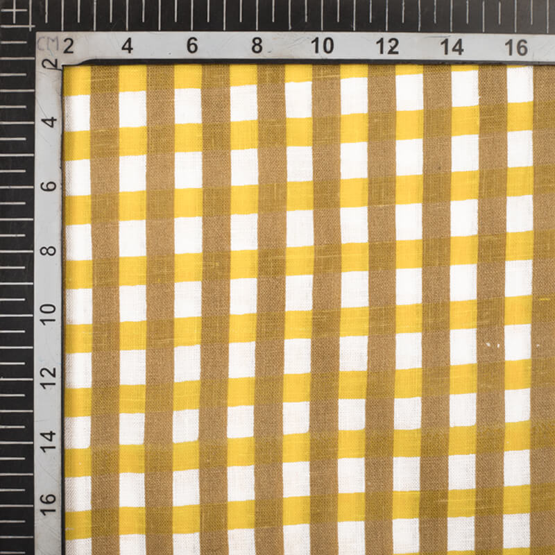 White And Yellow Checks Pattern Screen Print  Cotton Slub Fabric - Fabcurate