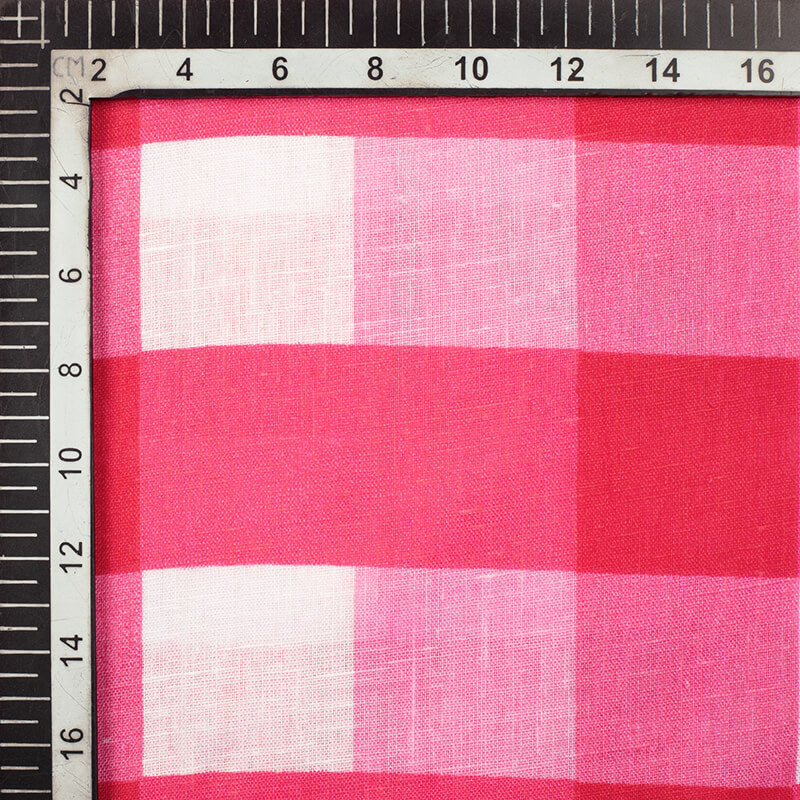 White And Dark Pink Checks Pattern Screen Print  Cotton Slub Fabric - Fabcurate