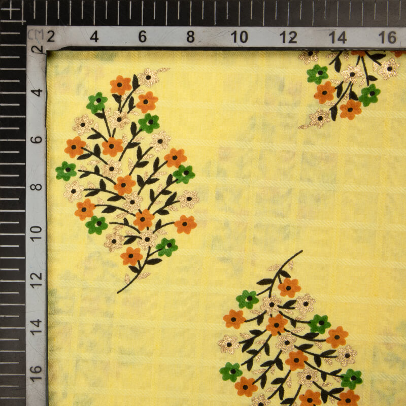 Pastel Yellow Mughal Floral Pattern Foil Screen Print Dobby Cotton Fabric - Fabcurate