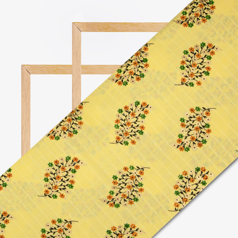 Pastel Yellow Mughal Floral Pattern Foil Screen Print Dobby Cotton Fabric - Fabcurate