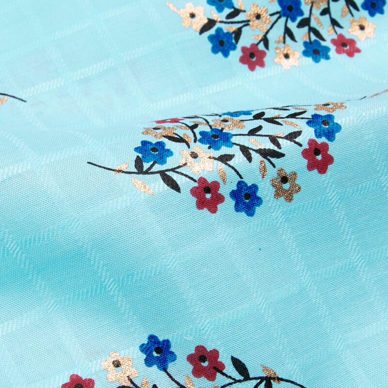 Sky Blue Mughal Floral Pattern Foil Screen Print Dobby Cotton Fabric - Fabcurate