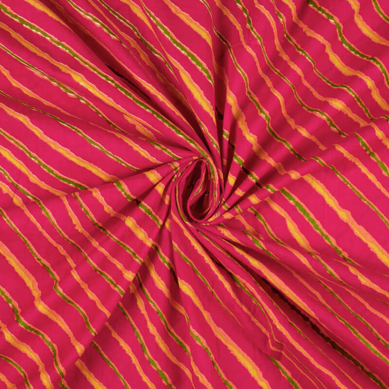 Dark Pink And Yellow Leheriya Pattern Screen Print Cotton Fabric - Fabcurate