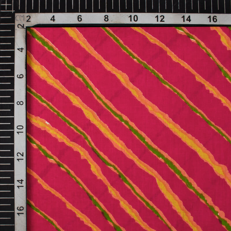Dark Pink And Yellow Leheriya Pattern Screen Print Cotton Fabric - Fabcurate