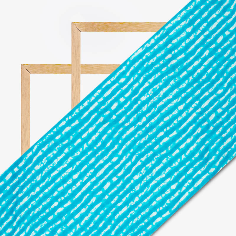 Turquoise Blue And White Leheriya Screen Print Cotton Fabric - Fabcurate