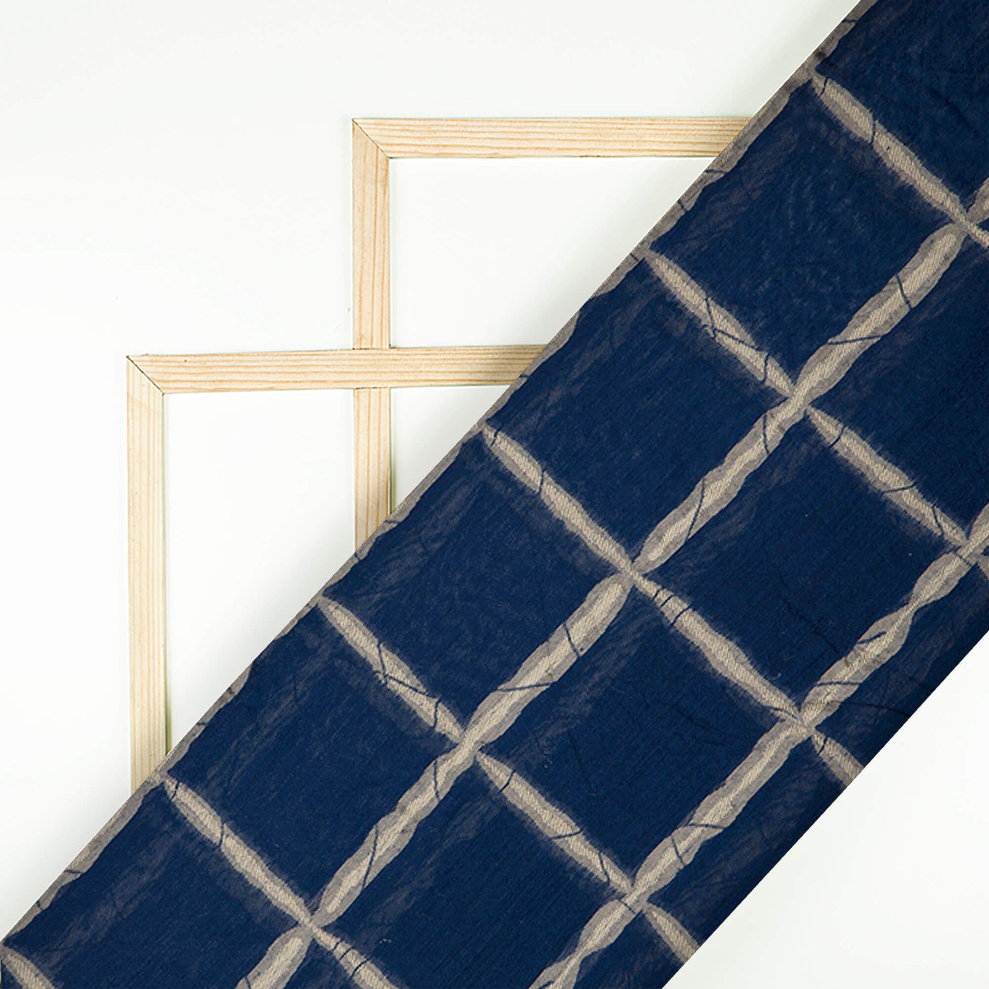 Navy Blue Checks Pattern Jacquard Chanderi Fabric - Fabcurate