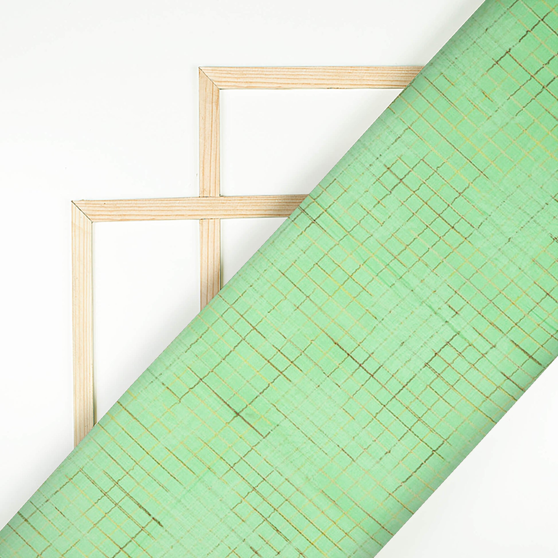 Light Green Checks Pattern Jacquard Cotton Satin Fabric - Fabcurate