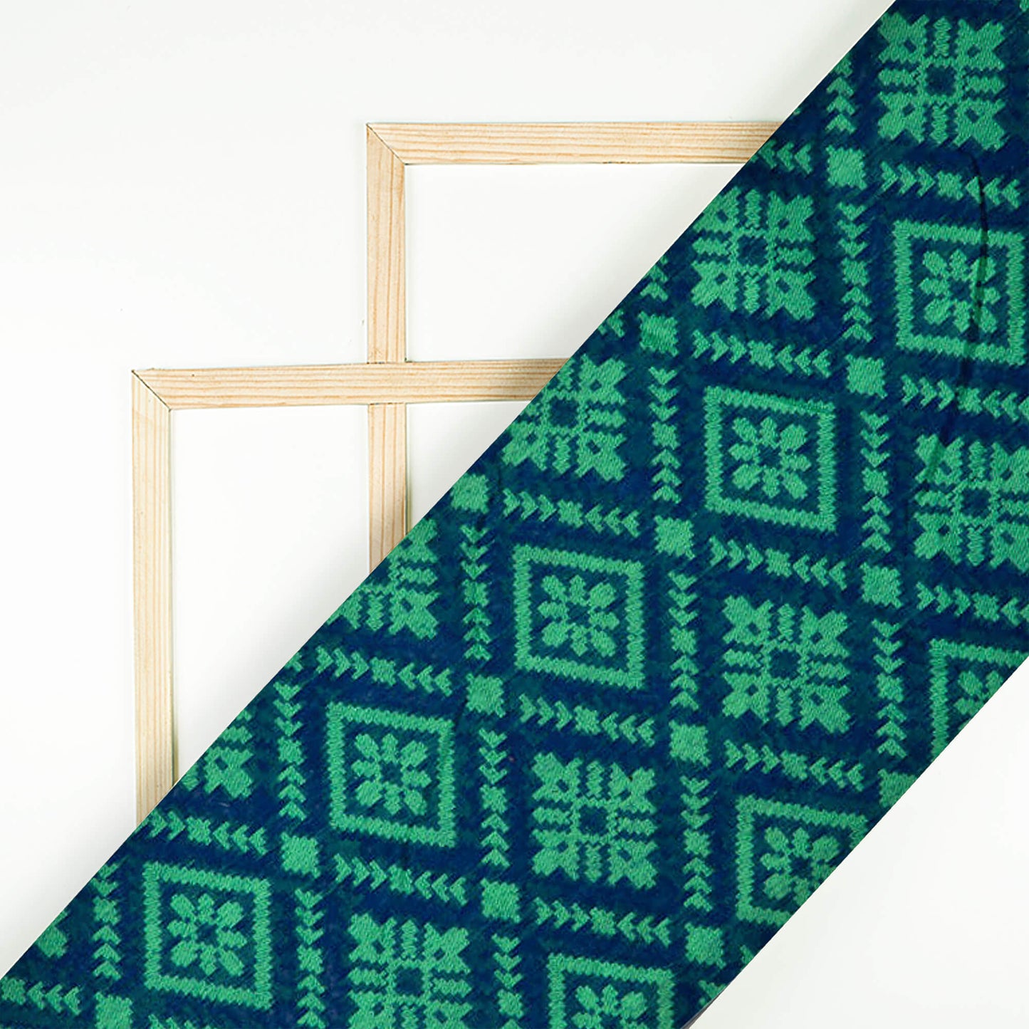 Blue And Green Geometric Pattern Jacquard Chanderi Fabric - Fabcurate
