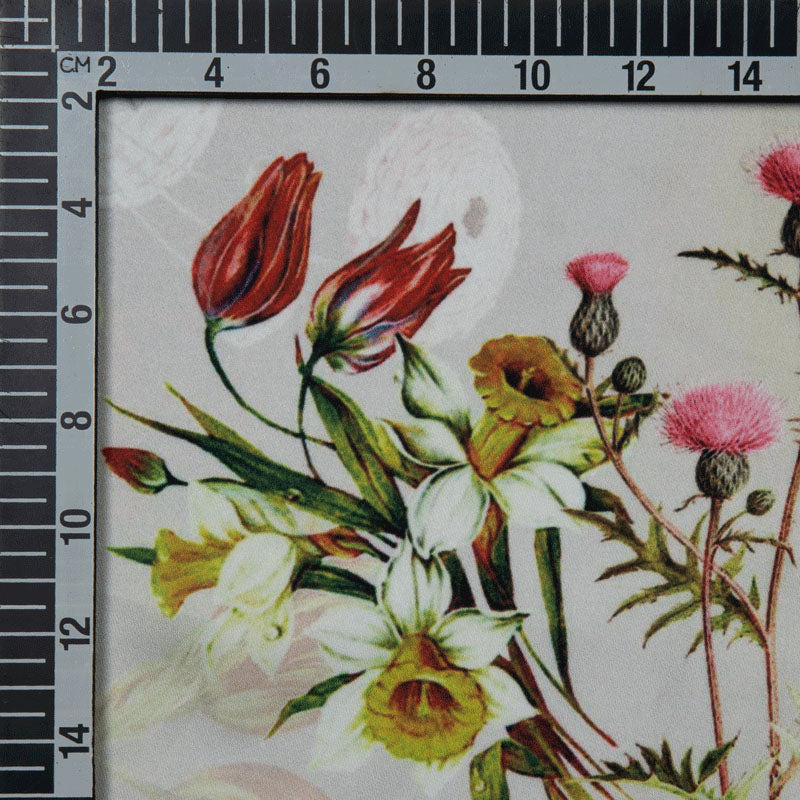 Cream Floral Digital Print Satin Fabric