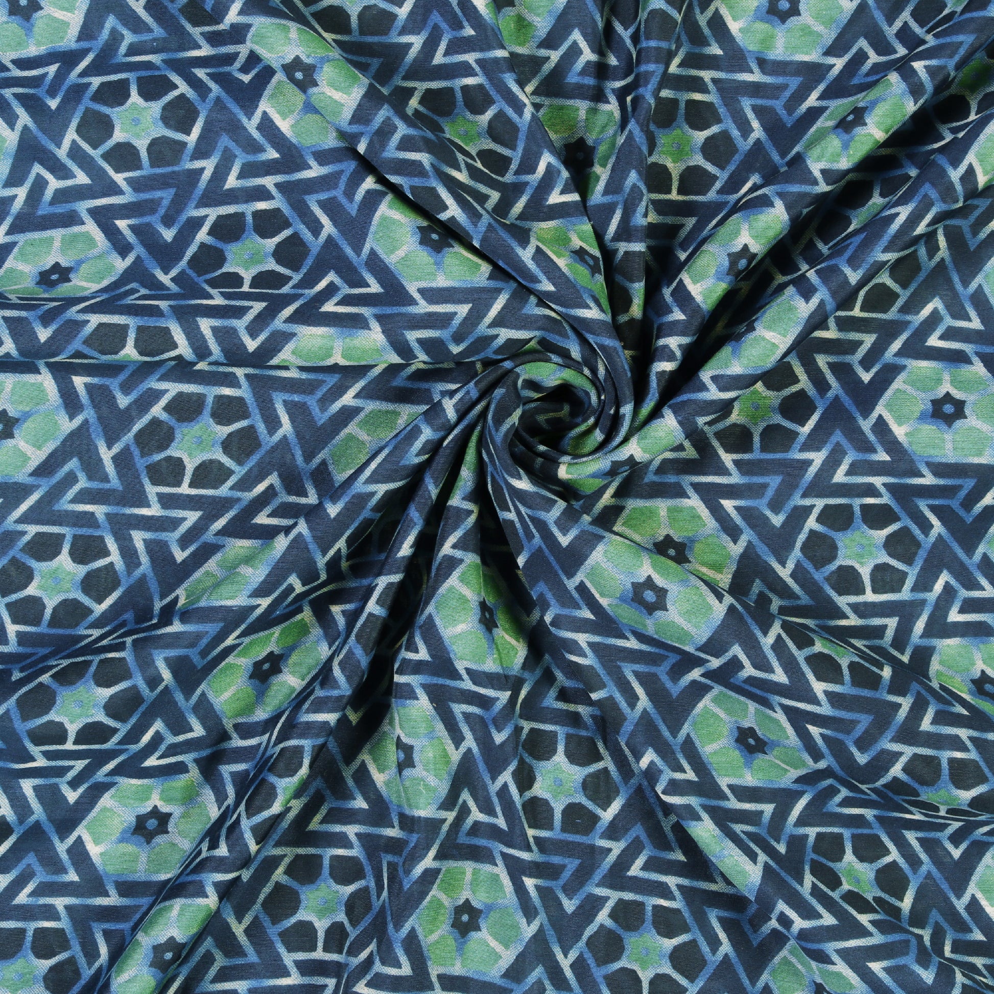 Aegean Blue And Celeste Blue Geometric Pattern Screen Print Chanderi Fabric - Fabcurate