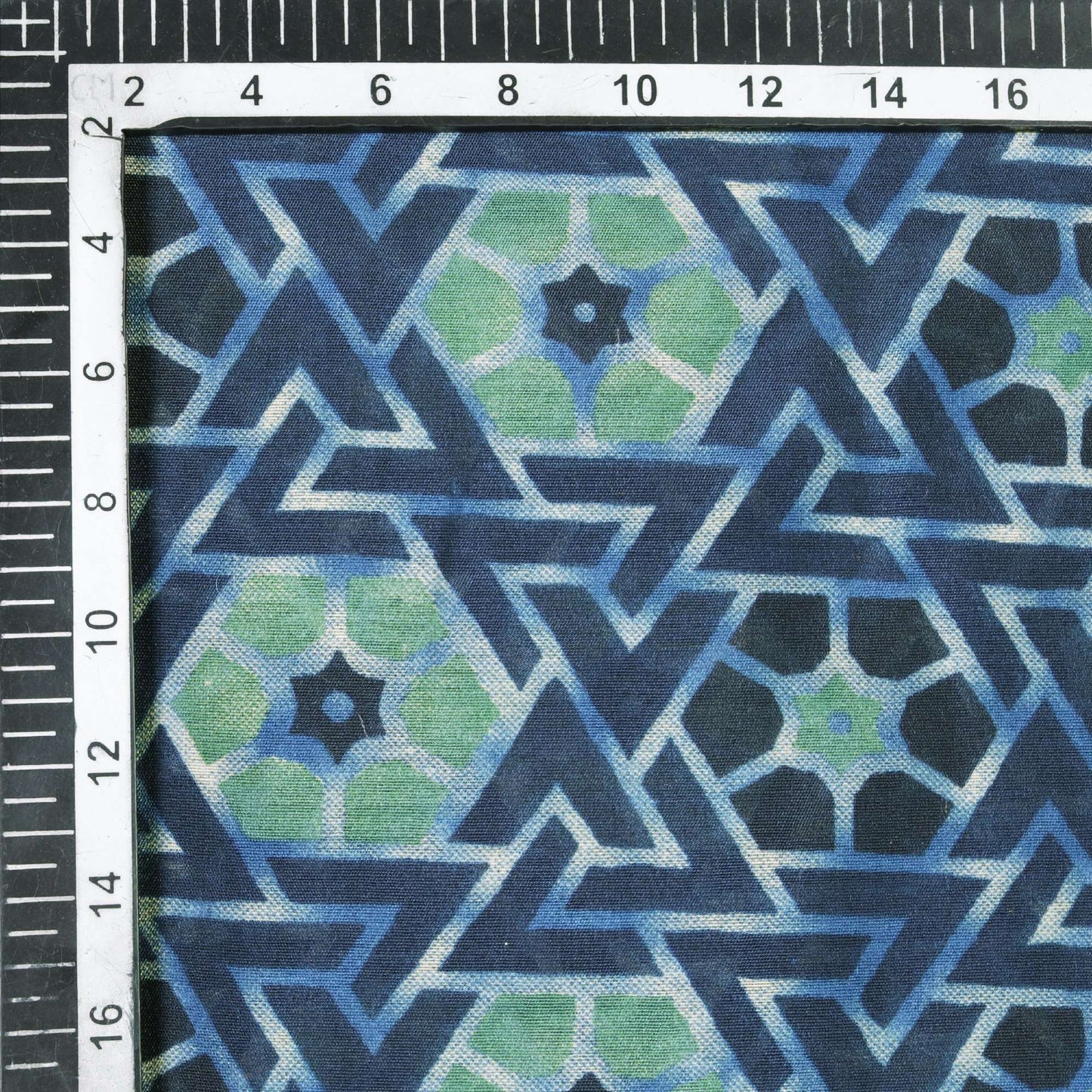 Aegean Blue And Celeste Blue Geometric Pattern Screen Print Chanderi Fabric - Fabcurate