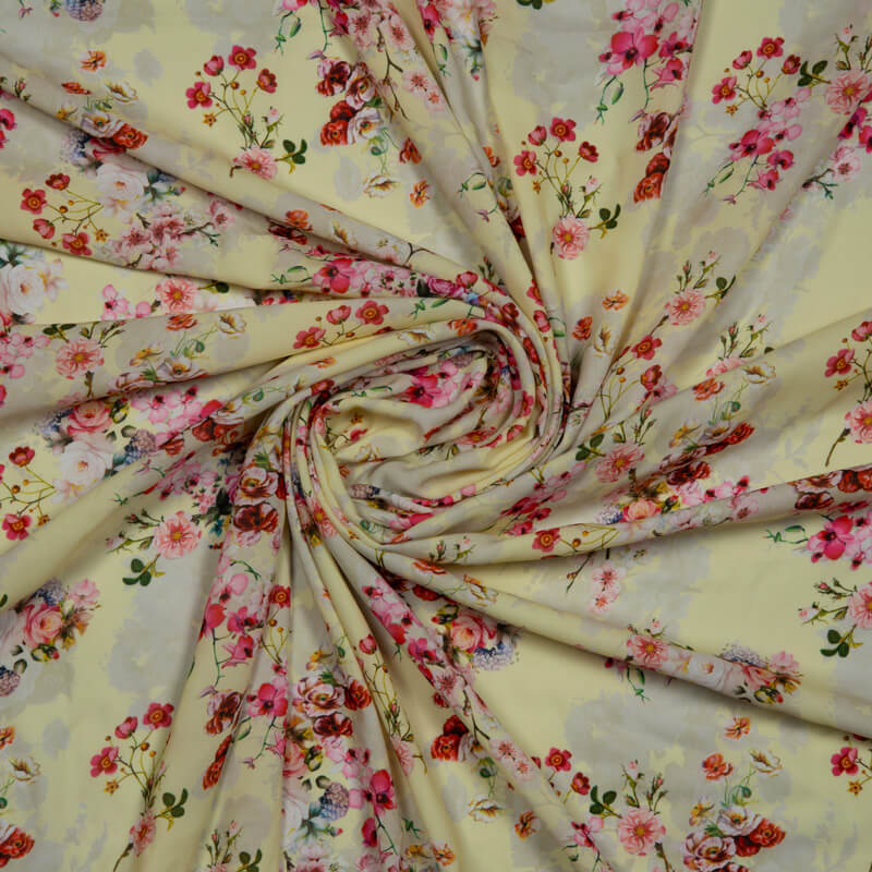 Pastel Yellow Beautiful Floral Print On Crepe Silk Fabric