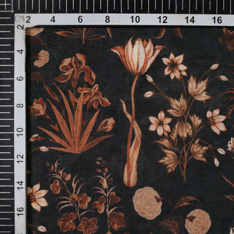 (Cut Piece 1 Mtr) Black And Cream Floral Pattern Digital Print Georgette Fabric