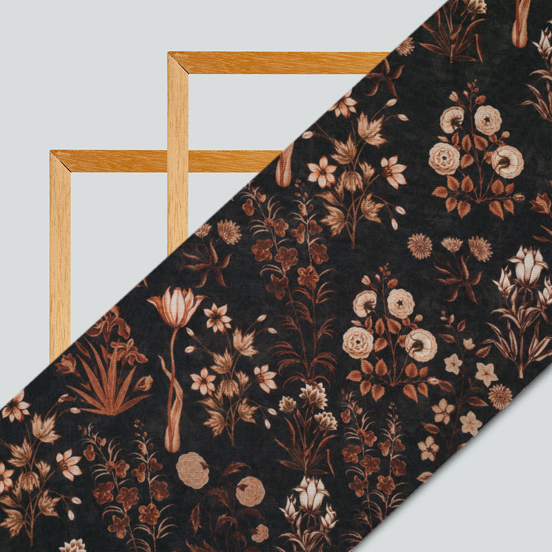 (Cut Piece 1 Mtr) Black And Cream Floral Pattern Digital Print Georgette Fabric