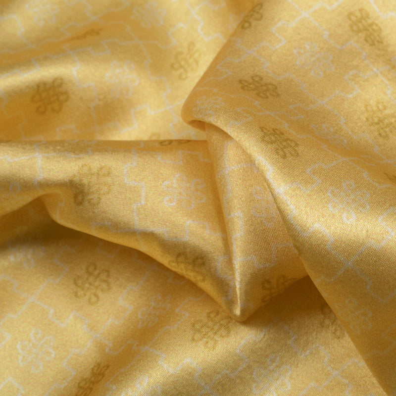 Mellow Yellow And White Trellis Pattern Digital Print Satin Fabric - Fabcurate