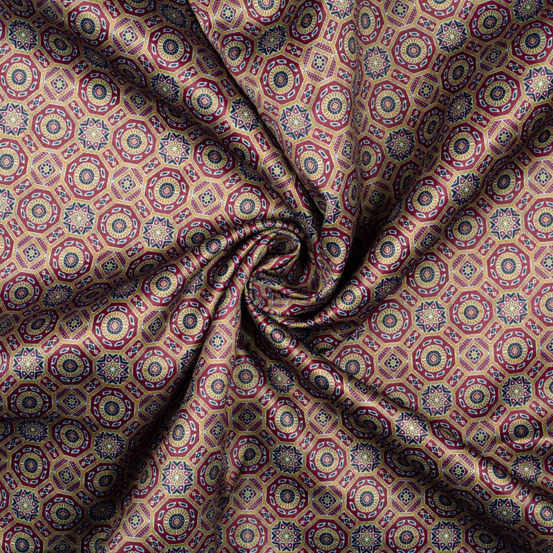 Marron And Beige Geometric Pattern Digital Print Satin Fabric (Width 56 Inches)