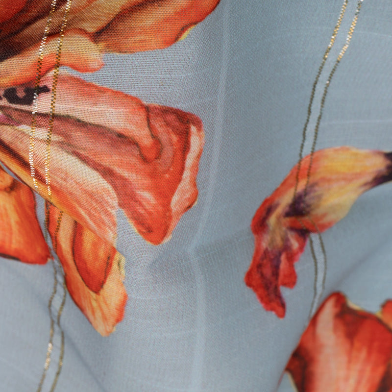 Dolphine Grey And Orange Floral Pattern Digital Print Lurex Chanderi Fabric