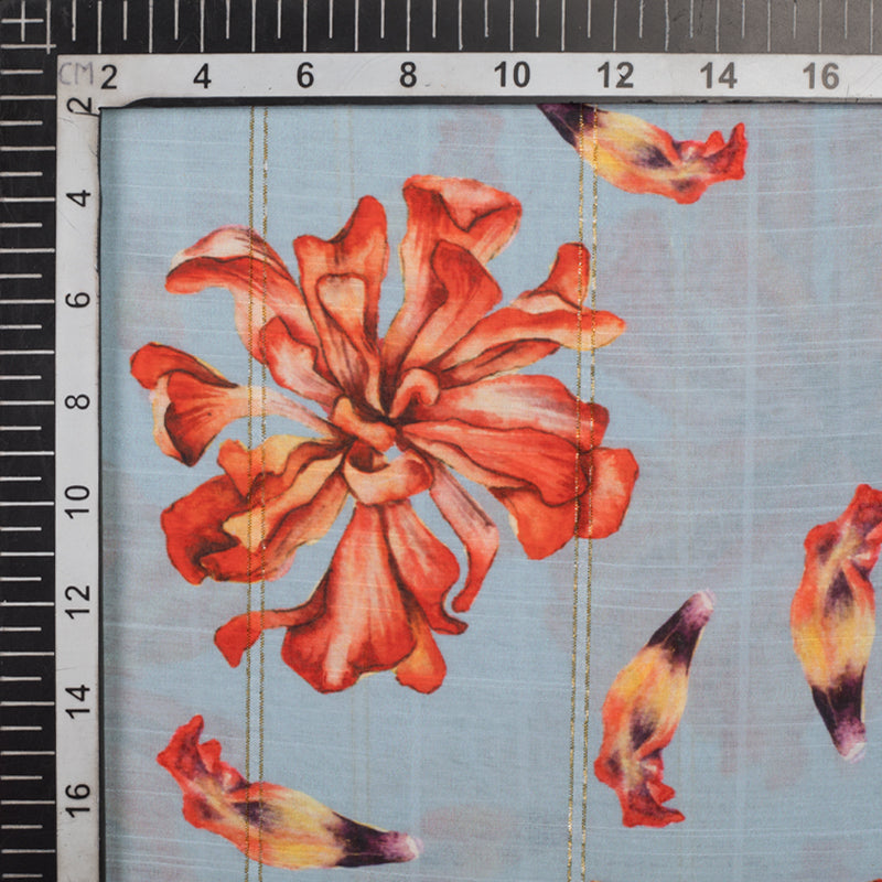 Dolphine Grey And Orange Floral Pattern Digital Print Lurex Chanderi Fabric
