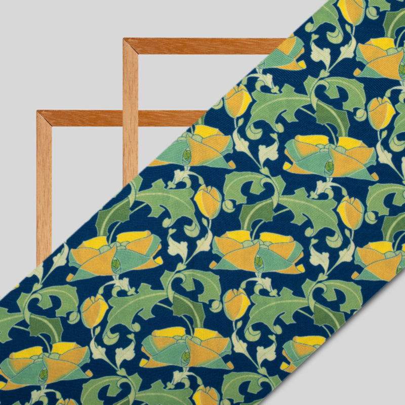Blue And Apple Green Abstract Digital Print Crepe Fabric