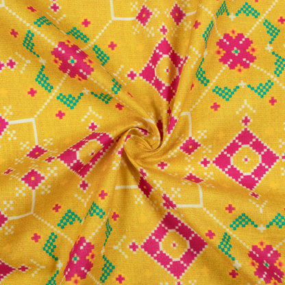 Medallion Yellow And Pink Traditional Pattern Digital Print Cotton Cambric Fabric