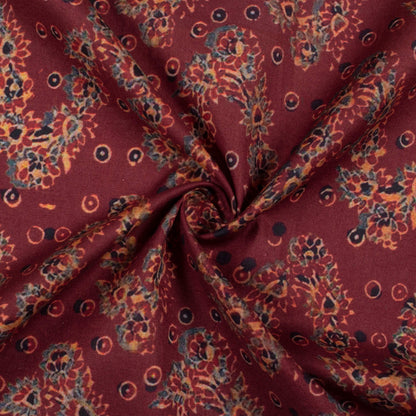 Maroon And Green Floral Pattern Digital Print Cotton Cambric Fabric