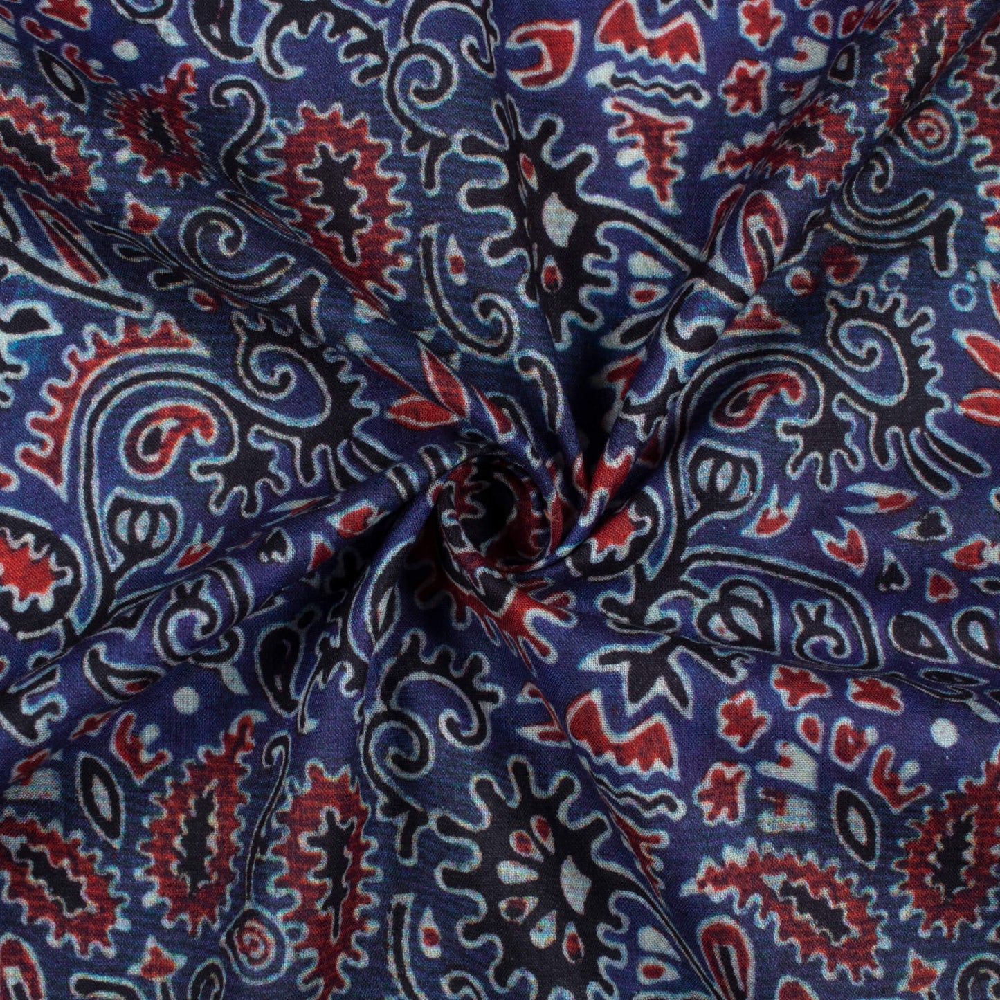 Aegean Blue And Maroon Ajrakh Pattern Digital Print Cotton Cambric Fabric