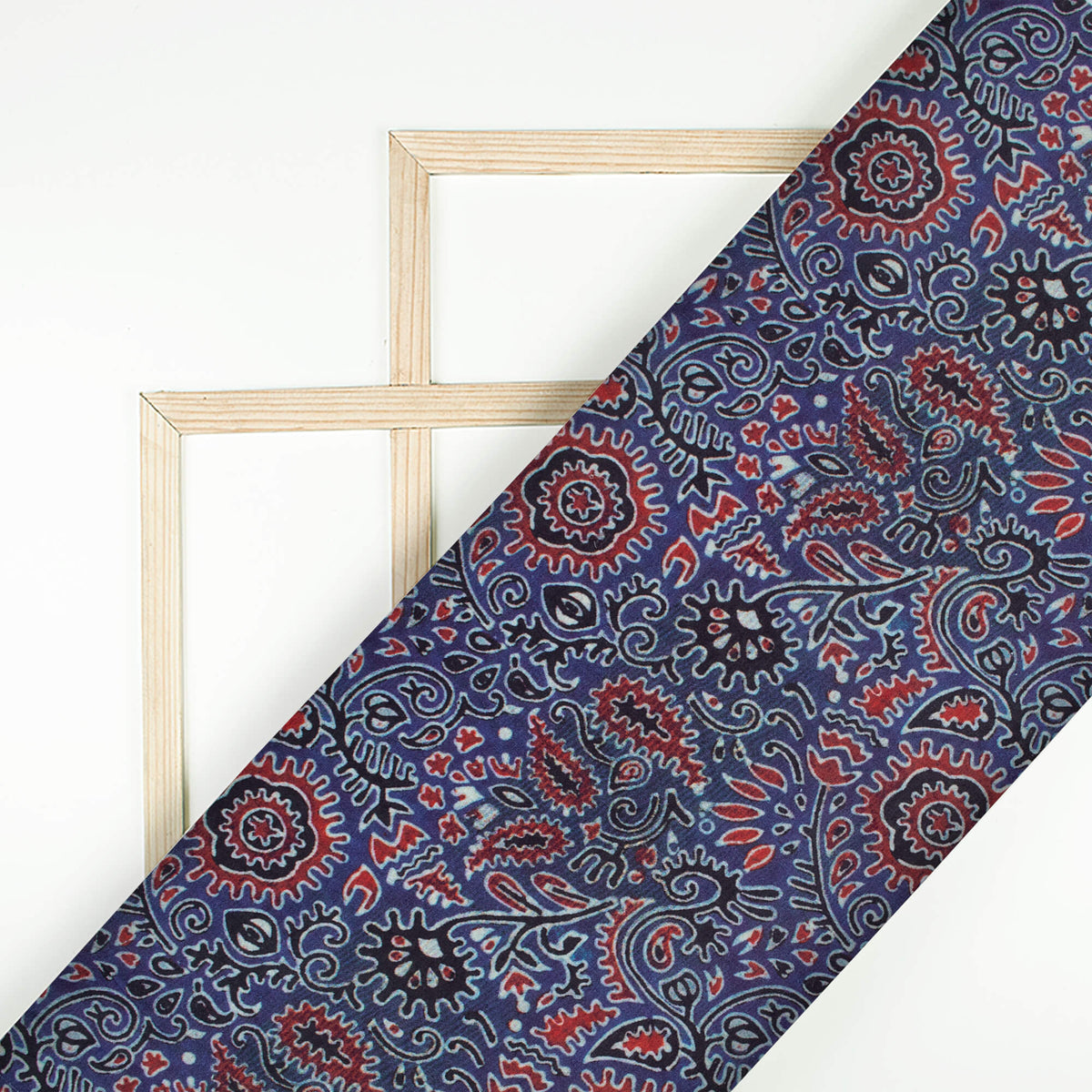 Aegean Blue And Maroon Ajrakh Pattern Digital Print Cotton Cambric Fabric