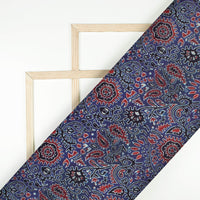 Aegean Blue And Maroon Ajrakh Pattern Digital Print Cotton Cambric Fabric