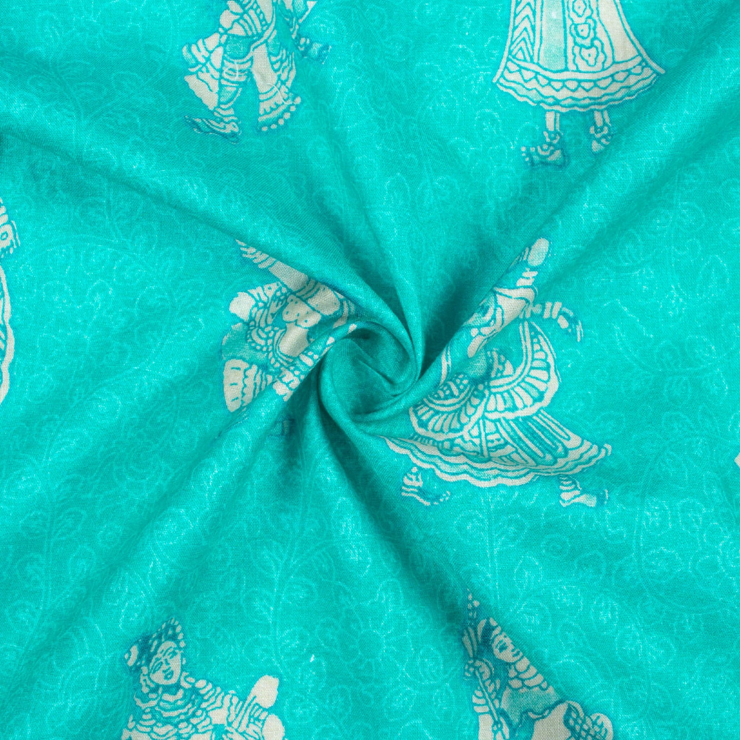 Aqua Green And Off White Madhubani Pattern Digital Print Cotton Cambric Fabric