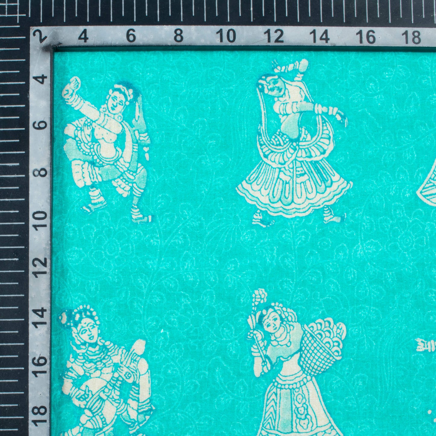 Aqua Green And Off White Madhubani Pattern Digital Print Cotton Cambric Fabric