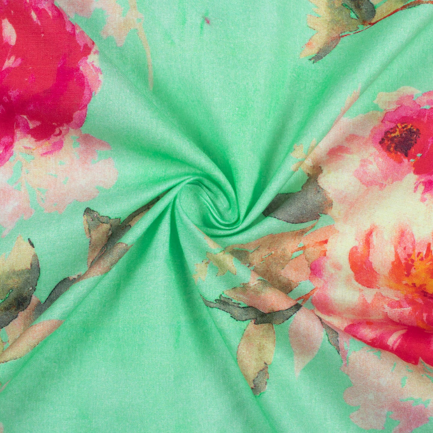 Mint Green And Peach Floral Pattern Digital Print Cotton Cambric Fabric