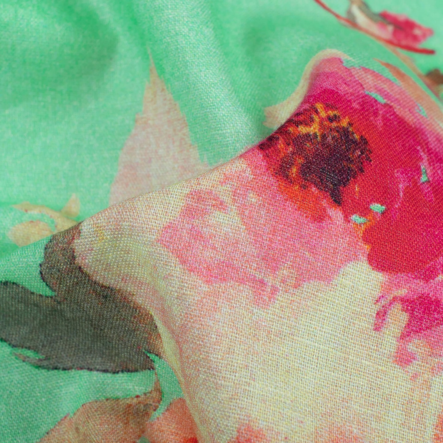 Mint Green And Peach Floral Pattern Digital Print Cotton Cambric Fabric