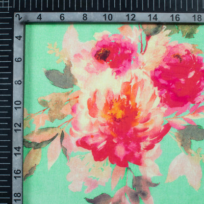 Mint Green And Peach Floral Pattern Digital Print Cotton Cambric Fabric