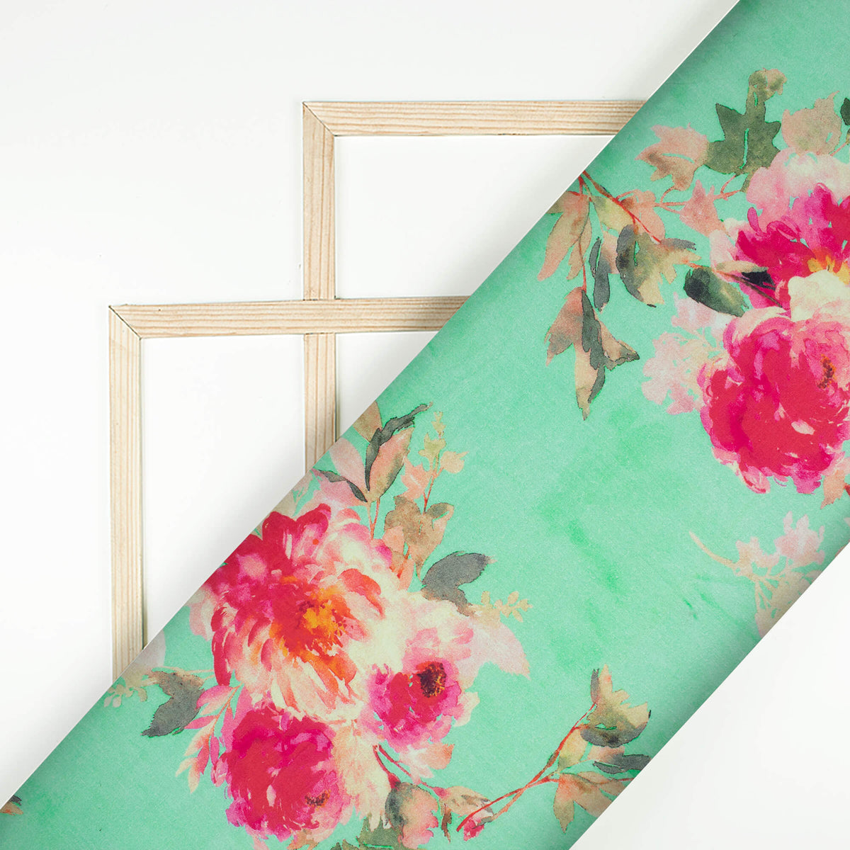 Mint Green And Peach Floral Pattern Digital Print Cotton Cambric Fabric