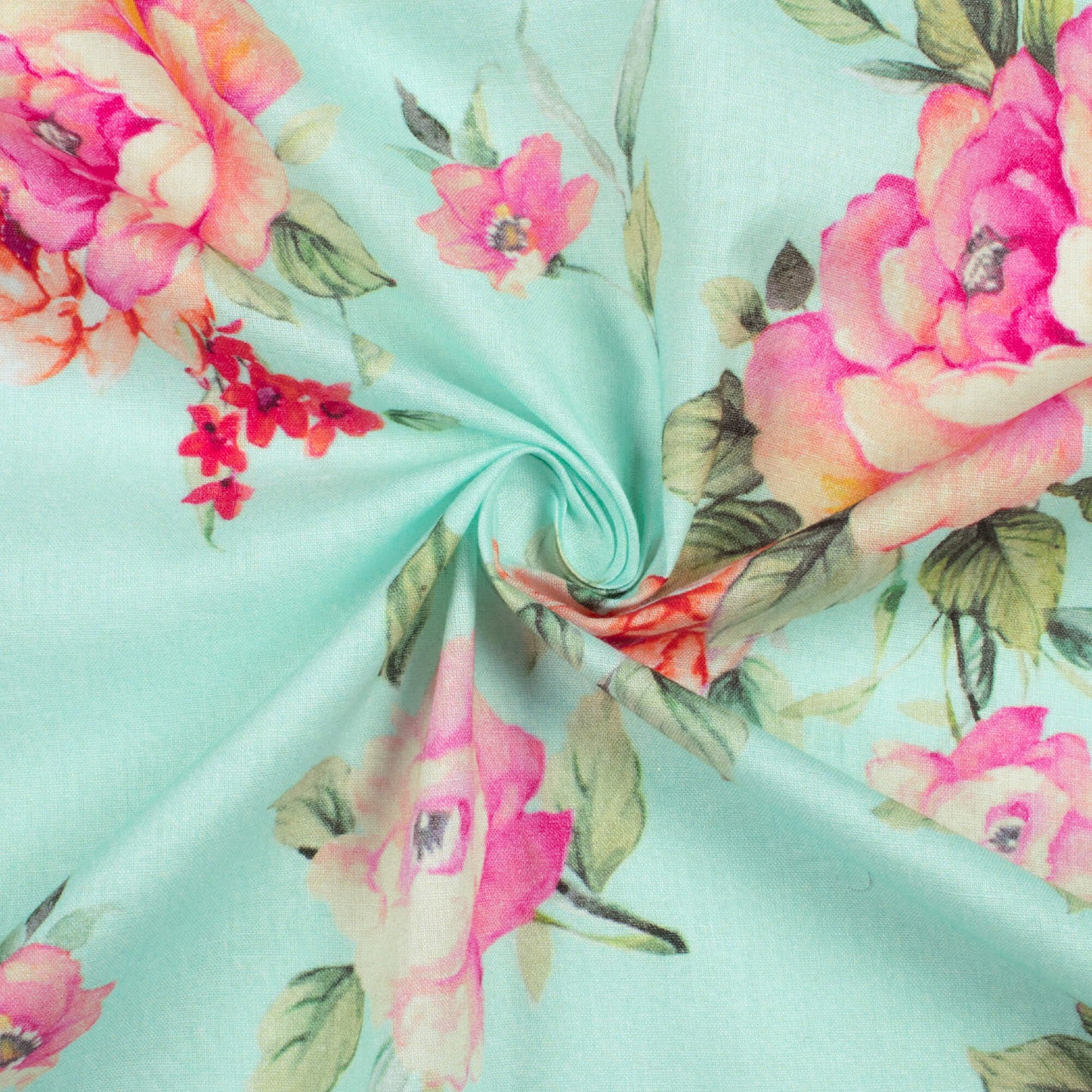 Tiffany Blue And Taffy Pink Floral Pattern Digital Print Cotton Cambric Fabric