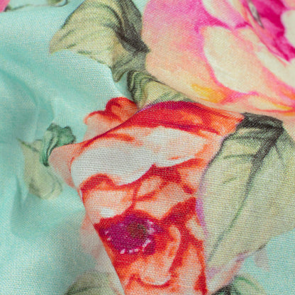 Tiffany Blue And Taffy Pink Floral Pattern Digital Print Cotton Cambric Fabric