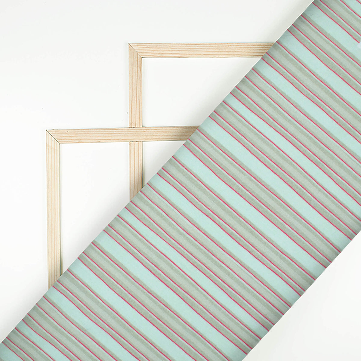 Baby Blue And Red Stripes Pattern Digital Print Cotton Cambric Fabric