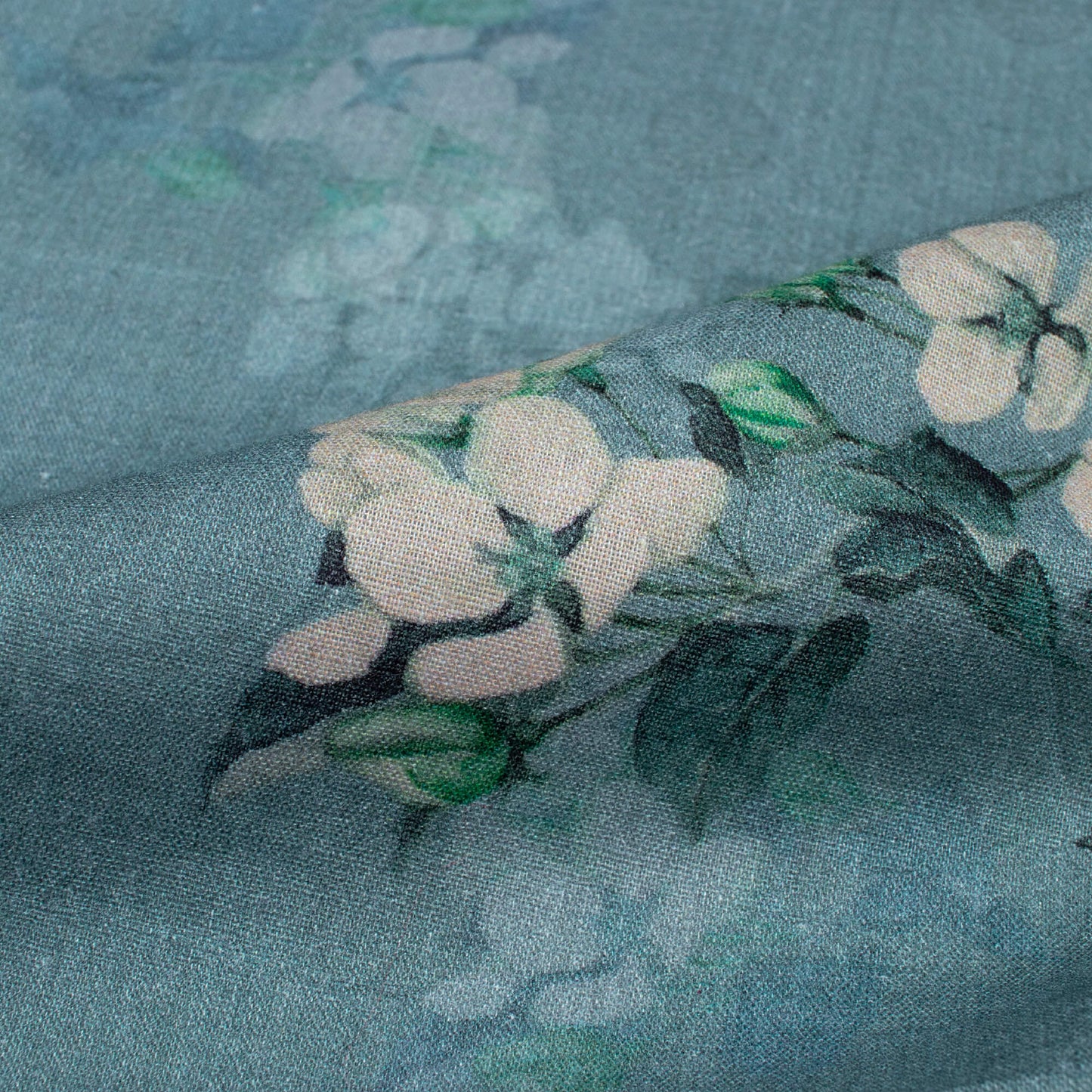 Slate Grey  And Peach Floral Pattern Digital Print Cotton Cambric Fabric