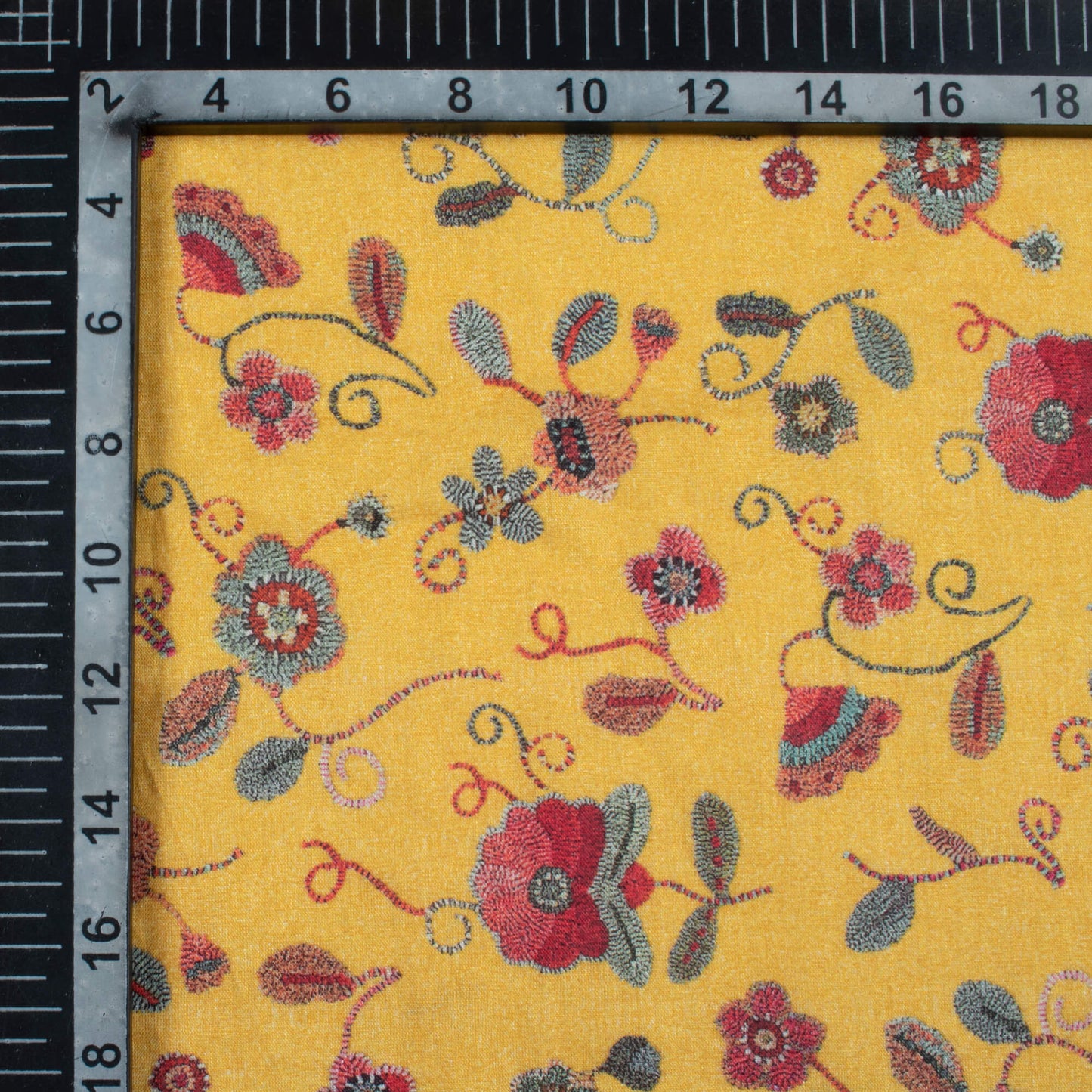 Ochre Yellow And Blood Red Floral Pattern Digital Print Cotton Cambric Fabric