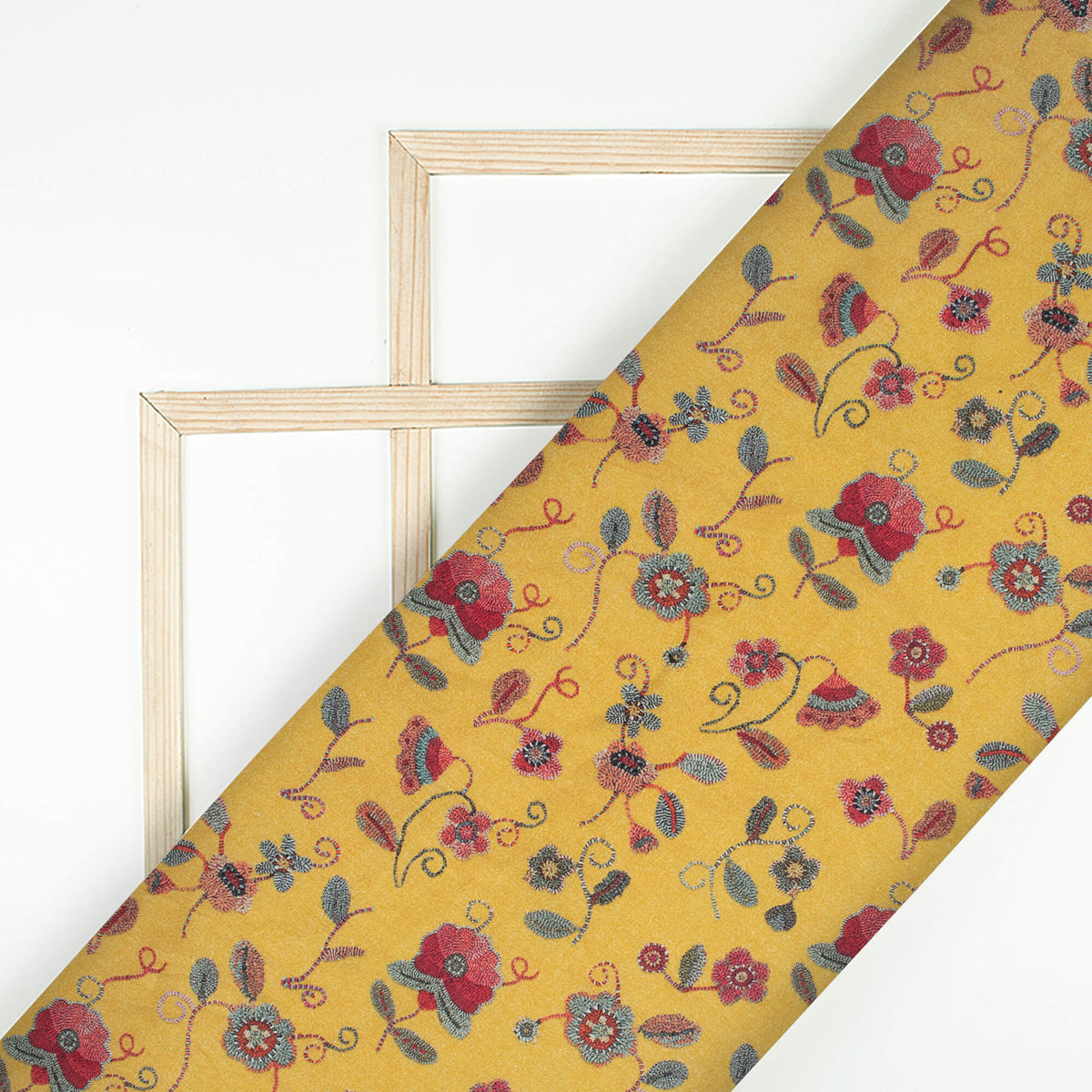 Ochre Yellow And Blood Red Floral Pattern Digital Print Cotton Cambric Fabric