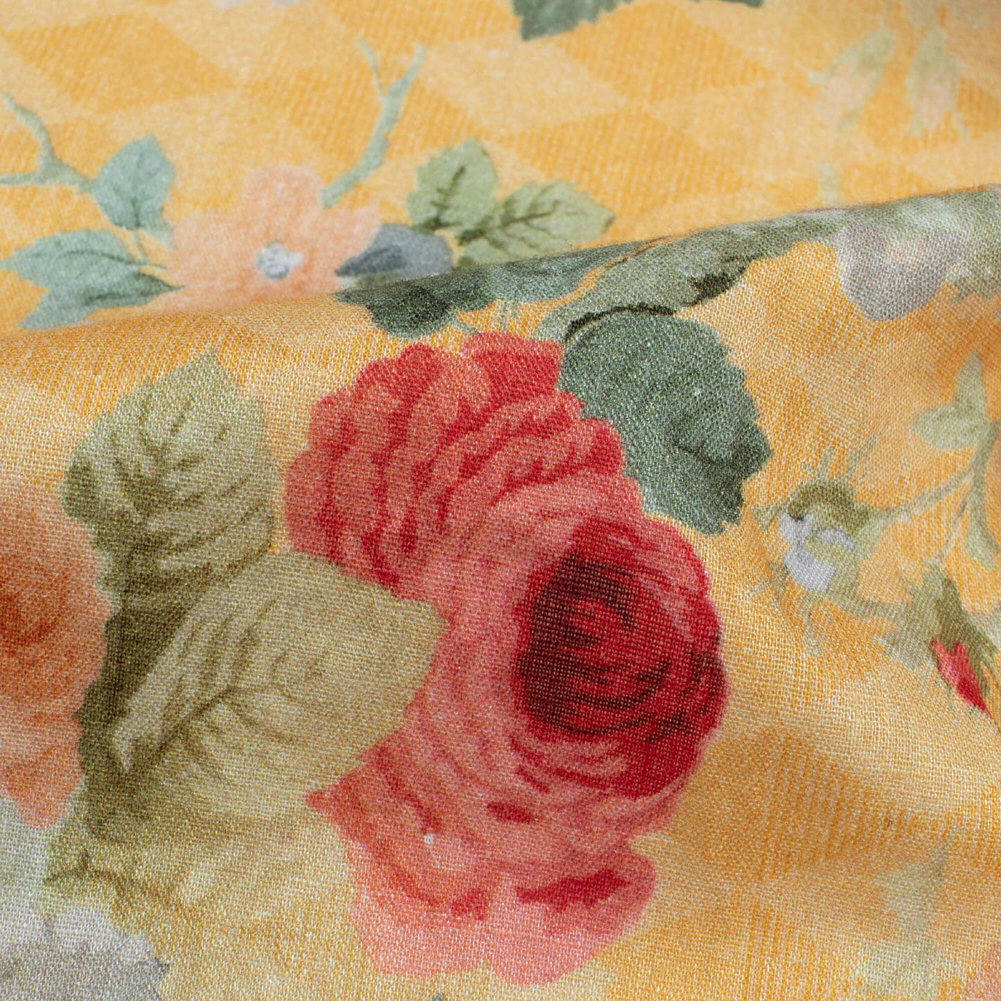 Royal Yellow And Blush Pink Floral Pattern Digital Print Cotton Cambric Fabric