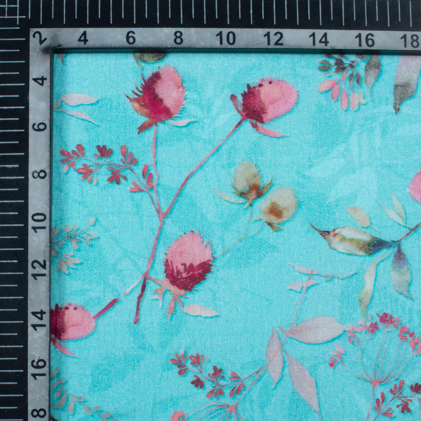 Cyan Blue And Blush Pink Floral Pattern Digital Print Cotton Cambric Fabric