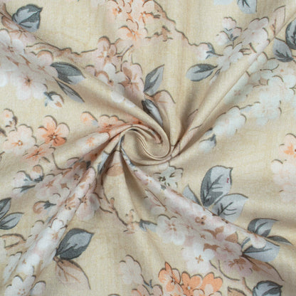 Beige And Peach Floral Pattern Digital Print Cotton Cambric Fabric