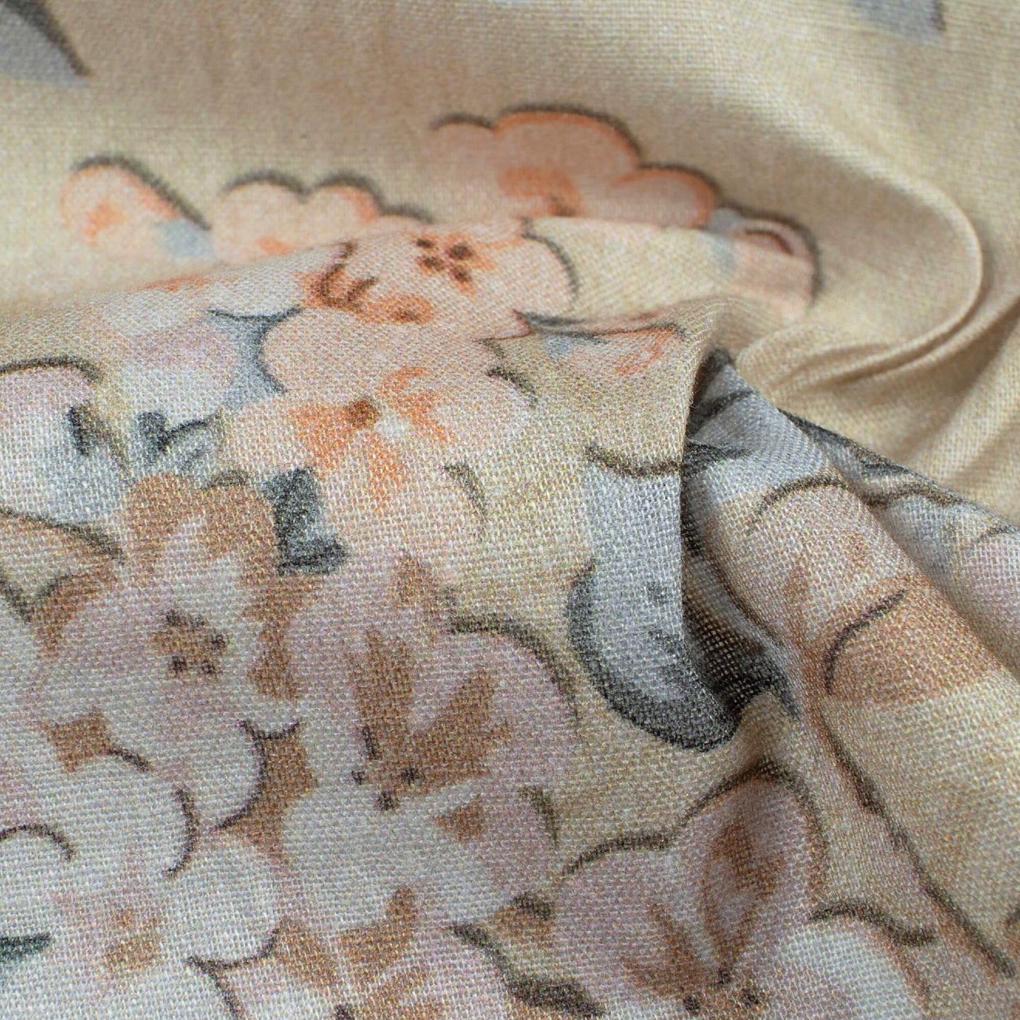 Beige And Peach Floral Pattern Digital Print Cotton Cambric Fabric