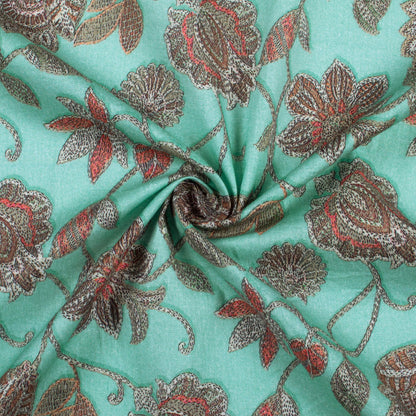 Tiffany Blue And Red Floral  Pattern Digital Print Cotton Cambric Fabric