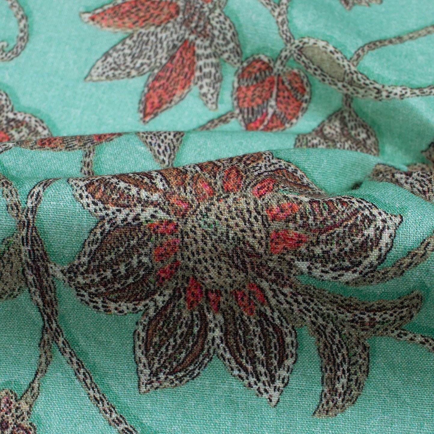 Tiffany Blue And Red Floral  Pattern Digital Print Cotton Cambric Fabric