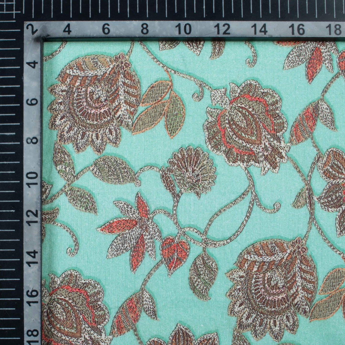 Tiffany Blue And Red Floral  Pattern Digital Print Cotton Cambric Fabric