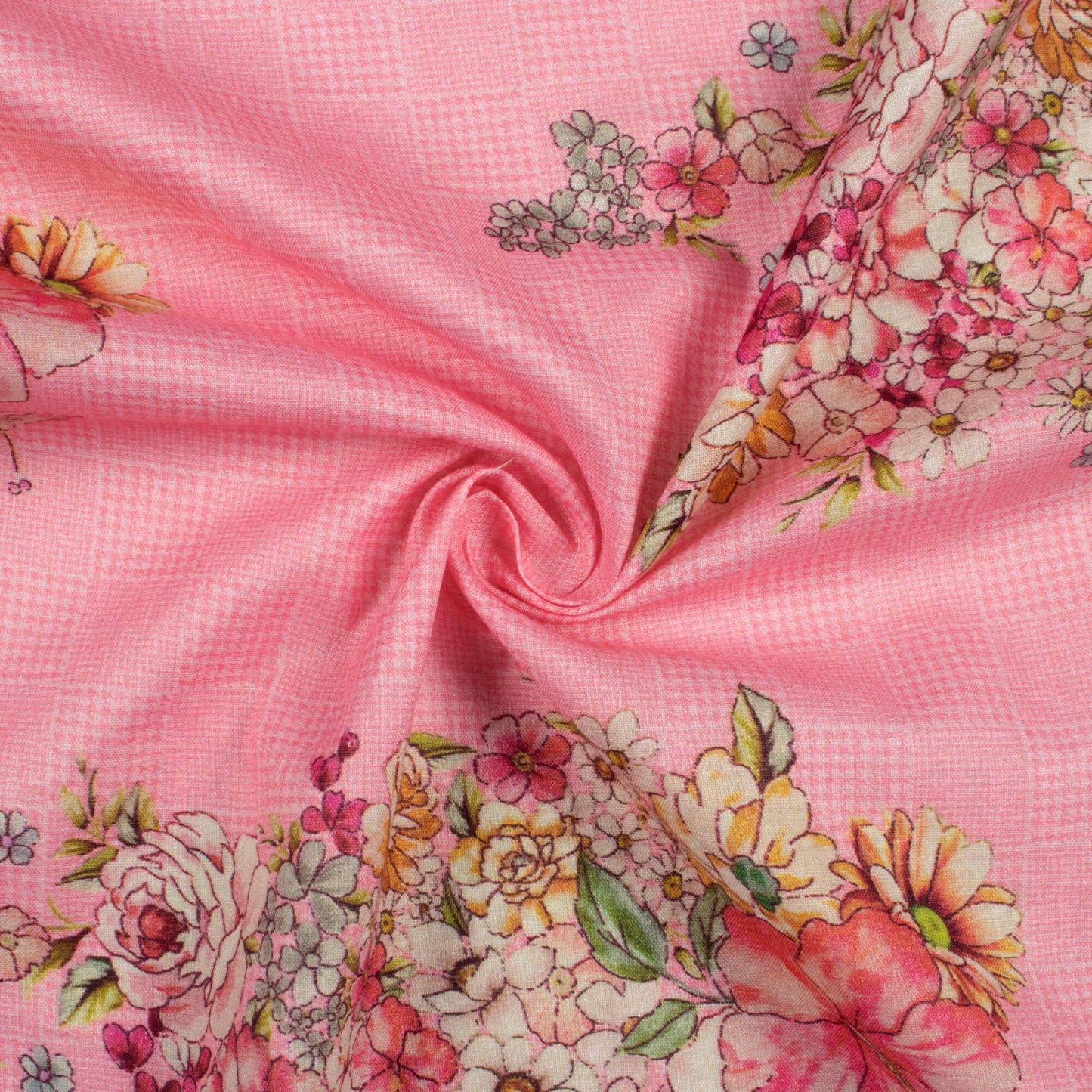 Taffy Pink And Peach Floral  Pattern Digital Print Cotton Cambric Fabric