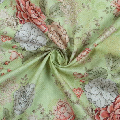 Pistachio Green And Grey Floral  Pattern Digital Print Cotton Cambric Fabric