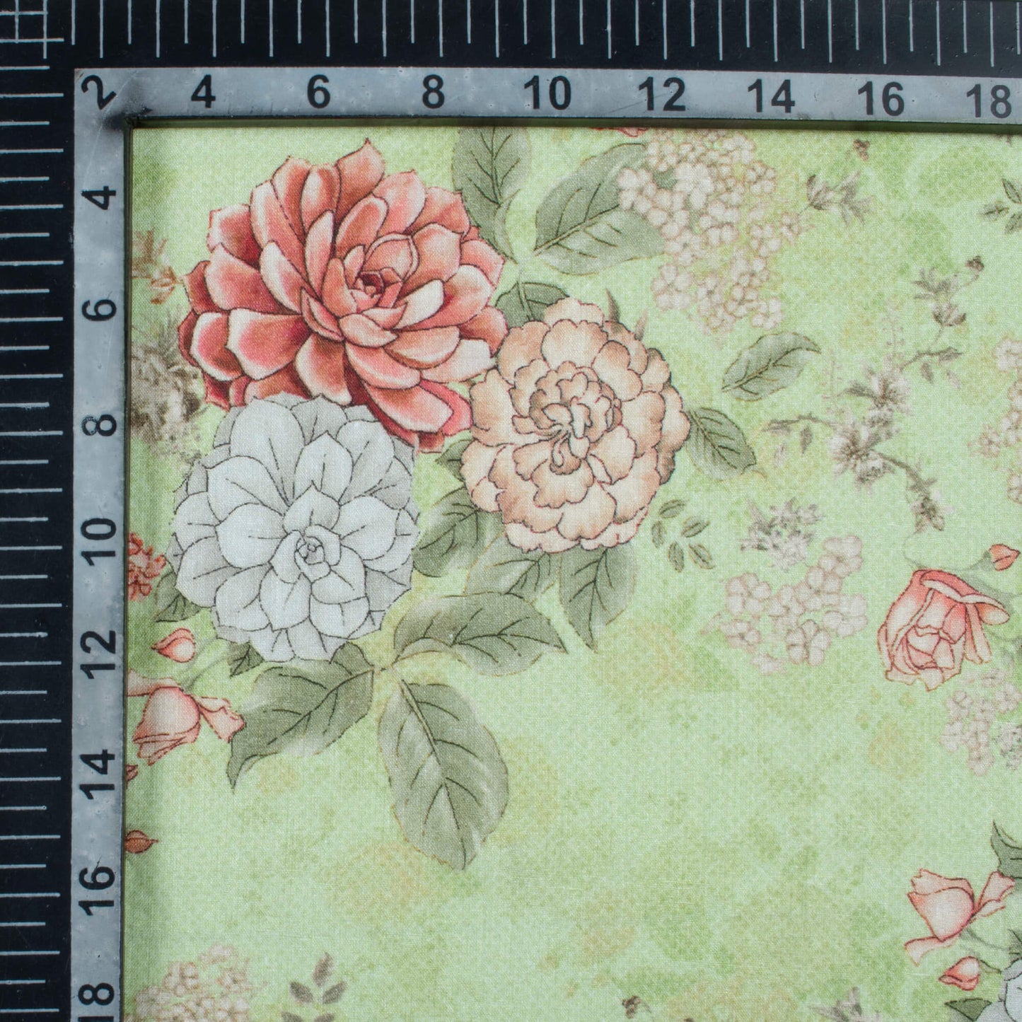 Pistachio Green And Grey Floral  Pattern Digital Print Cotton Cambric Fabric
